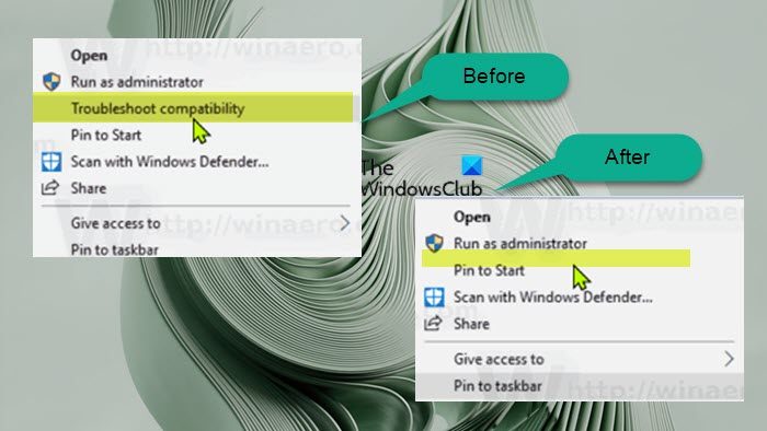 Add or Remove Troubleshoot Compatibility on Context Menu