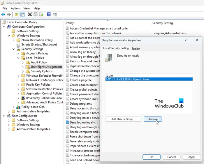 Removing User from 'Deny Log on Locally' Group Policy