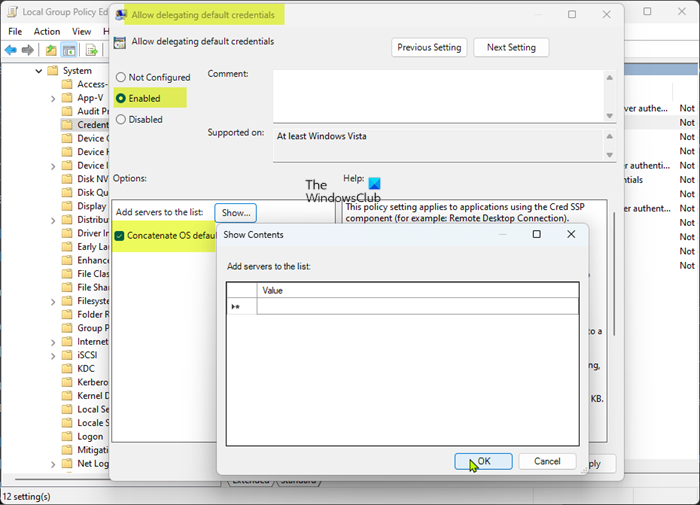 Allow delegating default credentials via Local Group Policy Editor
