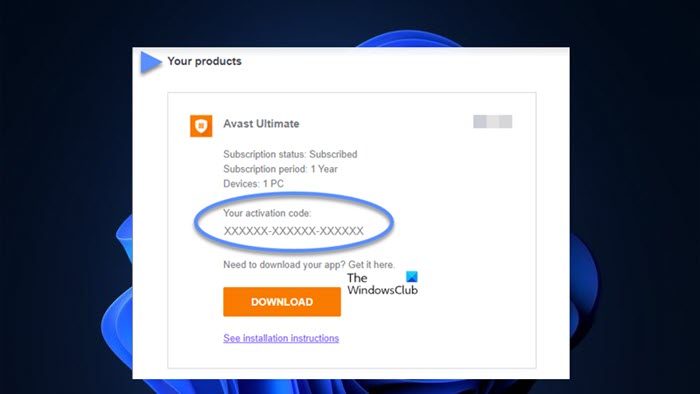 Check your Avast activation code in order email