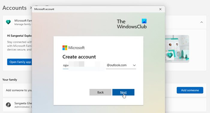 Creating a Microsoft Account in Windows 11 for a family member