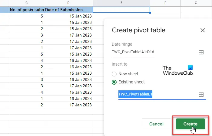 Creating a pivot table