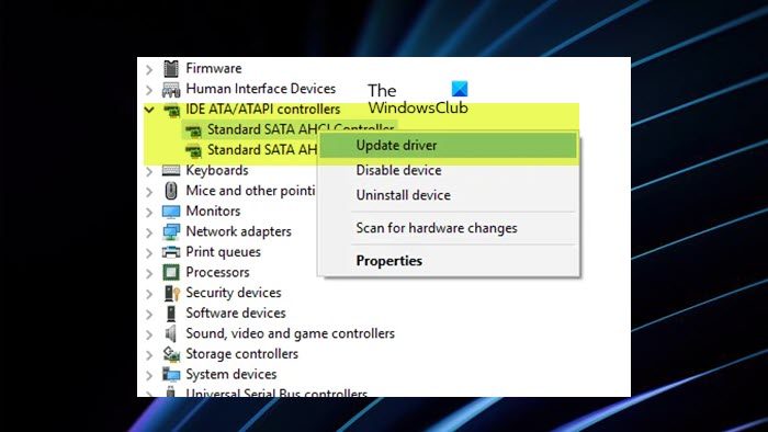 Download & install or update the Standard SATA AHCI Controller Driver
