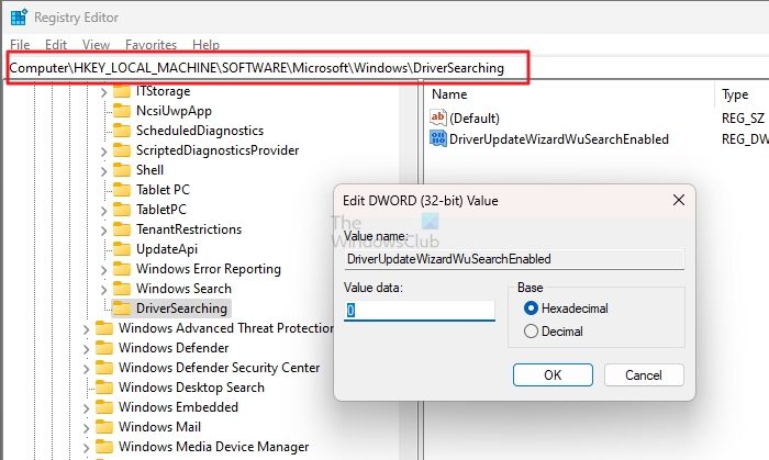 DriverSearching Windows Update Registry