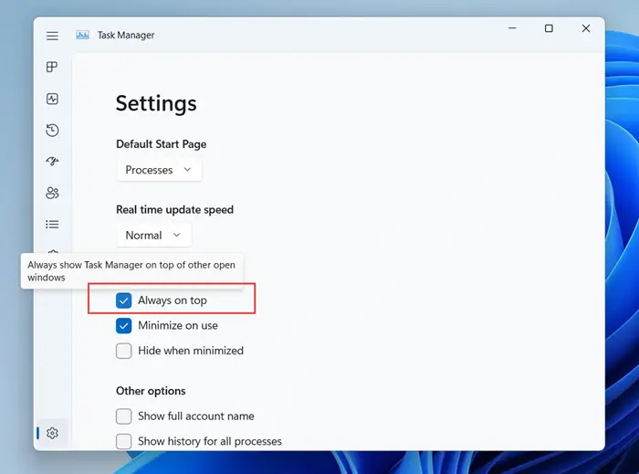 Enable or Disable Task Manager Always On Top - Using Task Manager Options