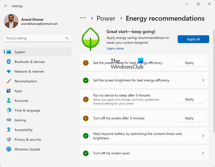 Energy Recommendations Settings page in Windows 11