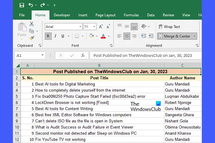 Example data for changing forecolor in Excel