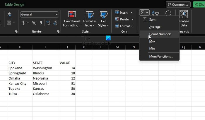 Excel Count Numbers