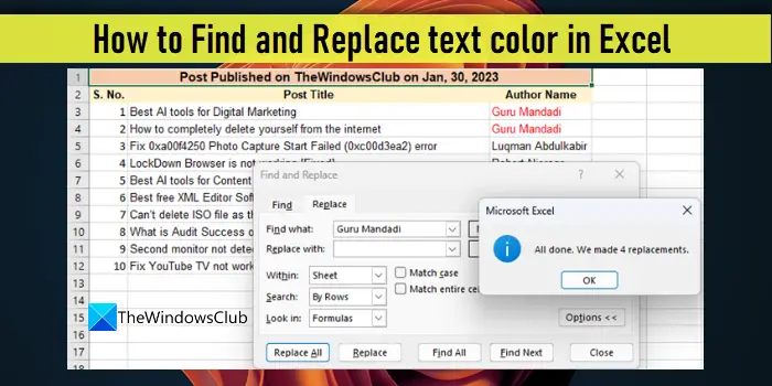 How to Find and Replace text color in Excel