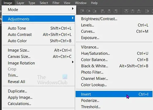 How to Invert Colors in Photoshop - top menu - direct invert invert