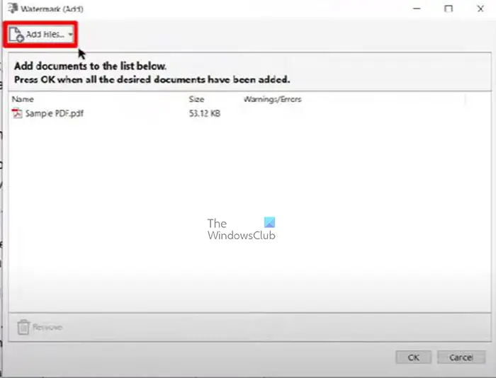 How to add or remove a watermark in Acrobat - Add files button