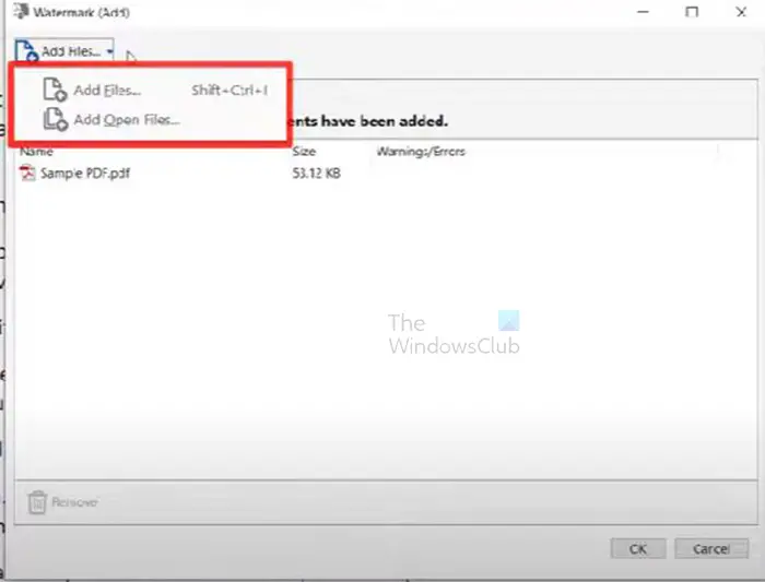 How to add or remove a watermark in Acrobat - Add files or add open files