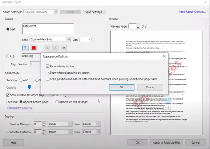 How to add or remove a watermark in Acrobat - Appearance options