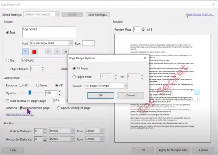 How to add or remove a watermark in Acrobat - Page range options