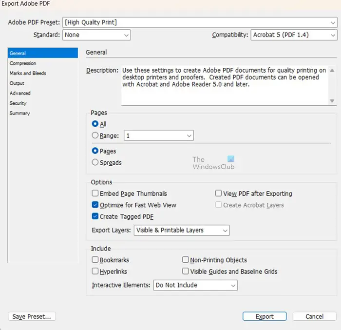 How to change an InDesign document to grayscale - Export - Adobe export PDF dialogue box