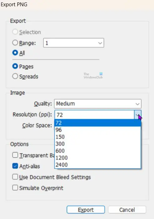 How to change an InDesign document to grayscale - Method 3 - Export resolution