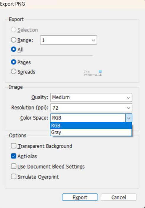 How to change an InDesign document to grayscale - Method 3 - Export type - color space