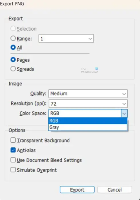 How to change an InDesign document to grayscale - Method 3 - Export type - color space