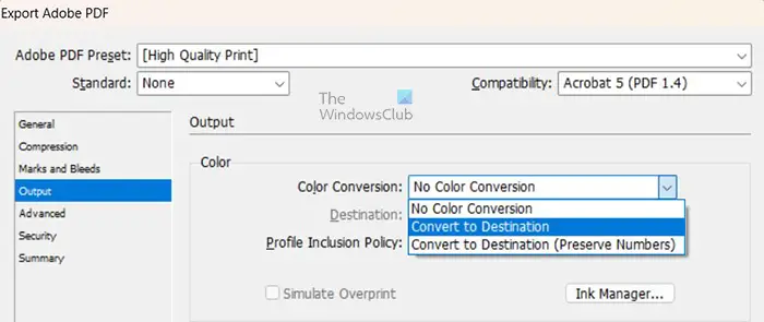 How to change an InDesign document to grayscale - Output tab - Convert to destination