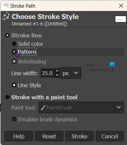 How to draw dotted lines in GIMP - Stroke options - pattern selected