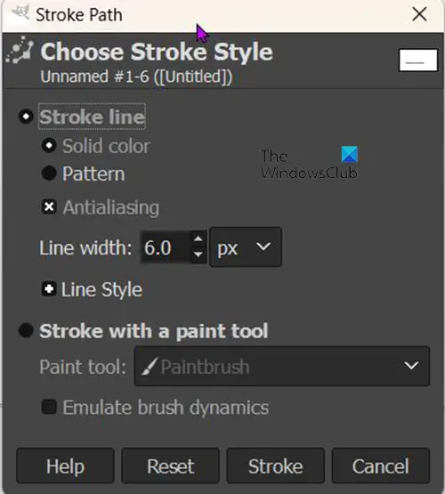 How to draw dotted lines in GIMP - Stroke path edit menu