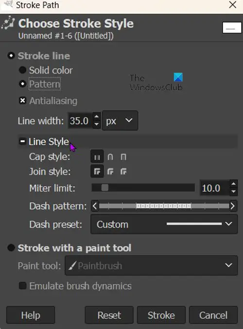 How to draw dotted lines in GIMP - Stroke path - line style options