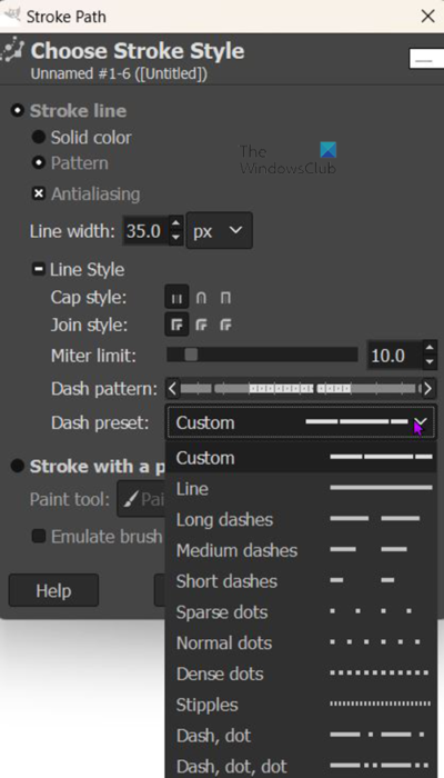 How to draw dotted lines in GIMP - stroke options - dash presets