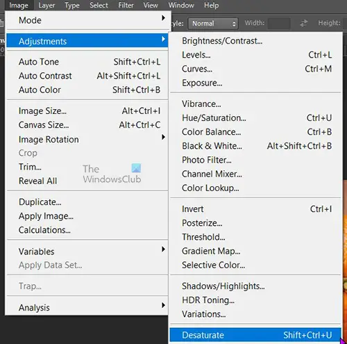 How to polarize an image in Photoshop - Desaturate - Top menu