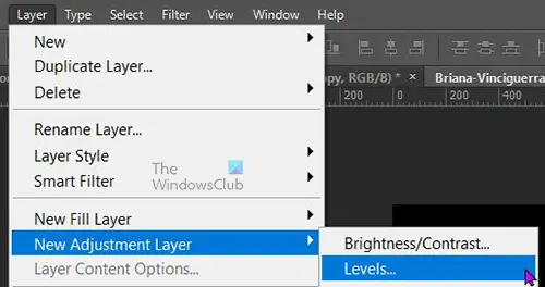 How to polarize an image in Photoshop - Levels - top menu