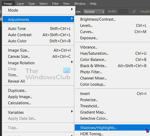 How to reduce glare in Photoshop - Shadow and highlights - Top menu