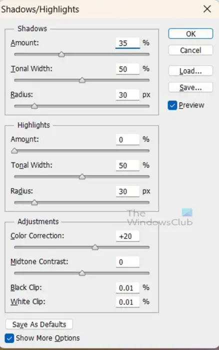 How to reduce glare in Photoshop - Shadow and highlights options - show more options