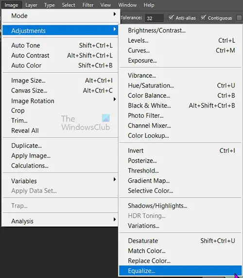 How to use the Equalize Effect in Photoshop - top menu - equalize