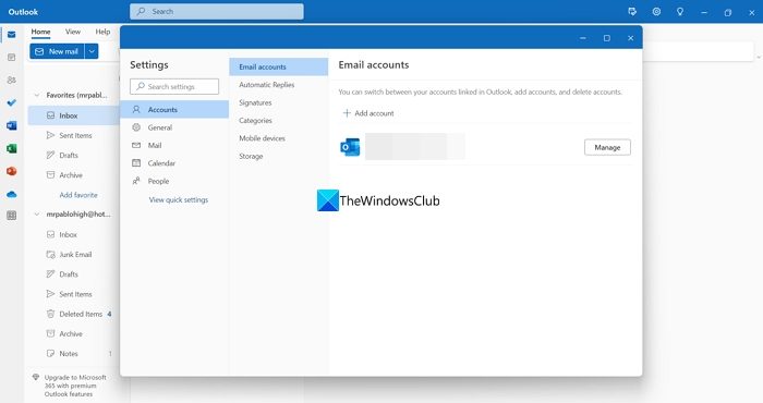 Manage email accounts on Outlook program Windows