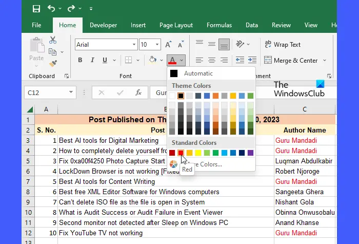 Manually changing the text color in Excel