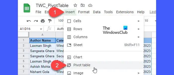 Option to insert a pivot table in Google Sheets