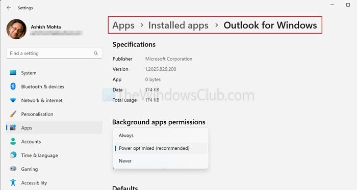 Outlook App for Windows Background running