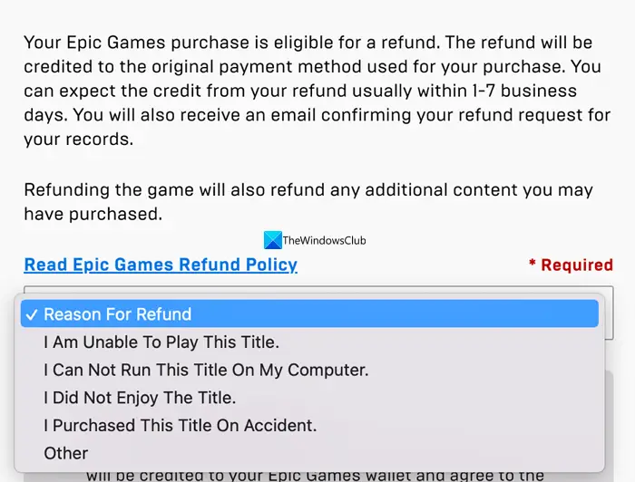 Reason for refund on Epic Games Store