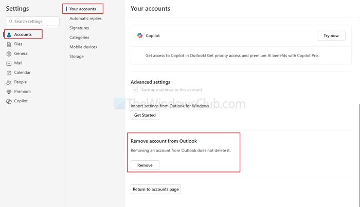 Remove account from Outlook