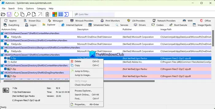 Remove shell extensions using Autoruns