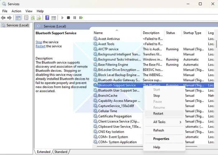 Restart Bluetooth Support Service