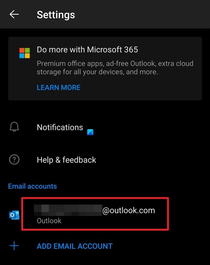 Select email account for deletion on Outlook Android