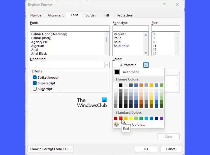 Selecting the new color in Find and Replace