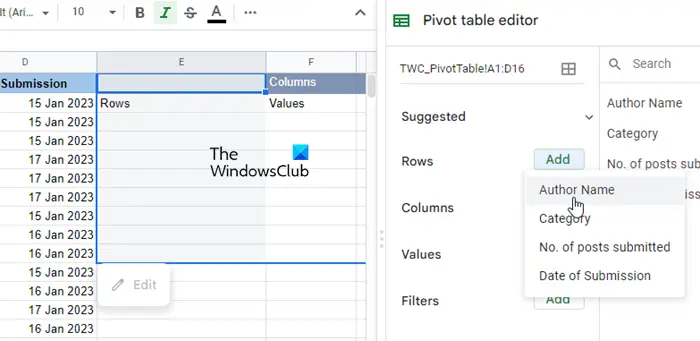 Adding rows to the pivot table