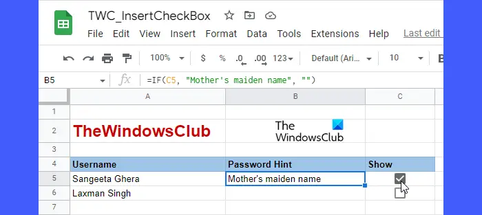 Show-hide cell values using checkboxes in Google Sheets