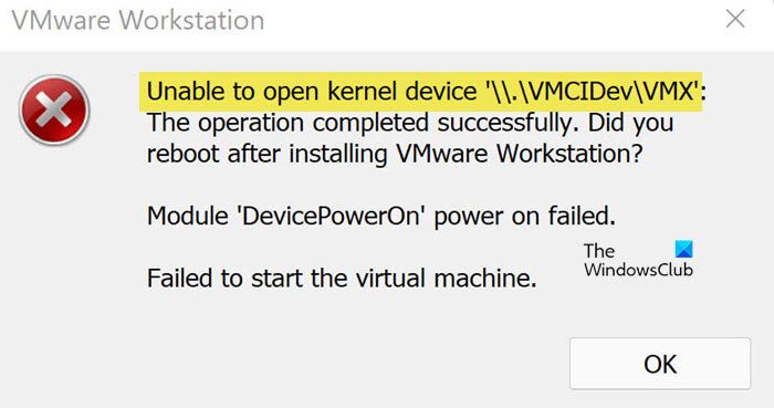 Unable to open kernel device \\.vmcidev\vmx