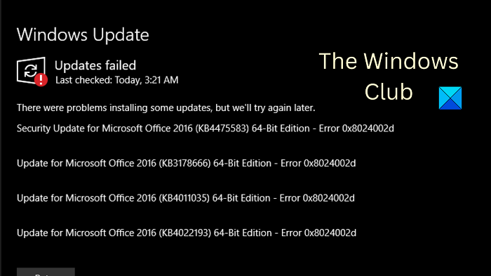 Ошибка Центра обновления Windows 0x8024002d