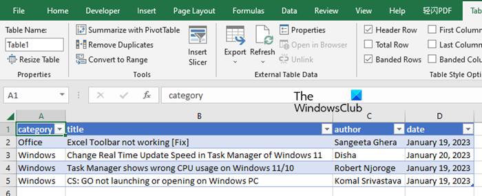 XML file opened in Excel