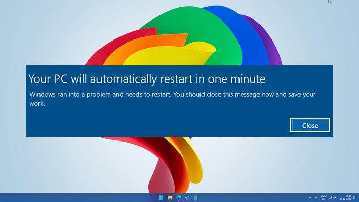 Your PC will automatically restart in one minute