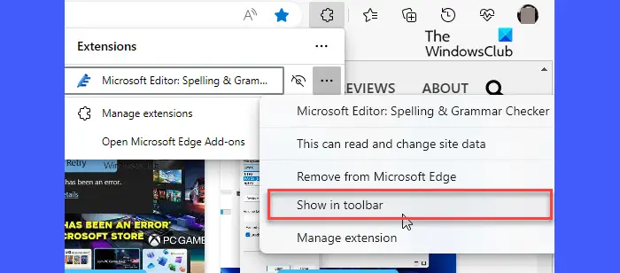 Adding Microsoft Editorto Edge Toolbar