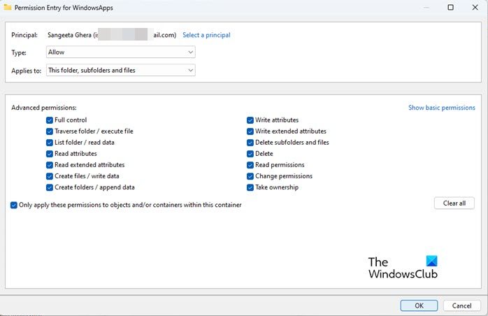 Changing permissions for the WindowsApps folder